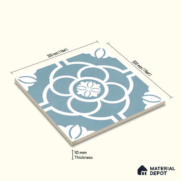 Moroccan Wall & Floor Tile TL 11124 Azure Petal 1 ft x 1 ft Ceramic Matte Finish Tile - 10 mm | Suitable For Kitchen, Bathroom, Balcony
