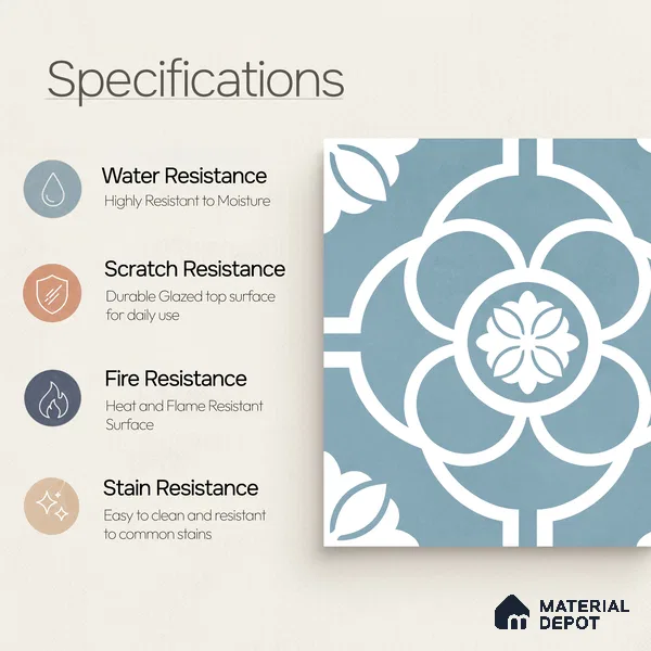 Moroccan Wall & Floor Tile TL 11124 Azure Petal 1 ft x 1 ft Ceramic Matte Finish Tile - 10 mm | Suitable For Kitchen, Bathroom, Balcony