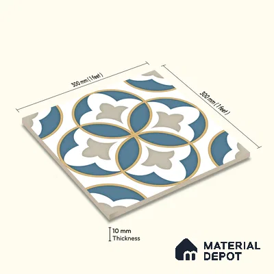 Moroccan Wall & Floor Tile TL 11125 Azure Fleur 1 ft x 1 ft Ceramic Matte Finish Tile - 10 mm | Suitable For Kitchen, Bathroom, Balcony