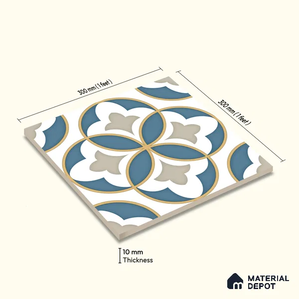 Moroccan Wall & Floor Tile TL 11125 Azure Fleur 1 ft x 1 ft Ceramic Matte Finish Tile - 10 mm | Suitable For Kitchen, Bathroom, Balcony