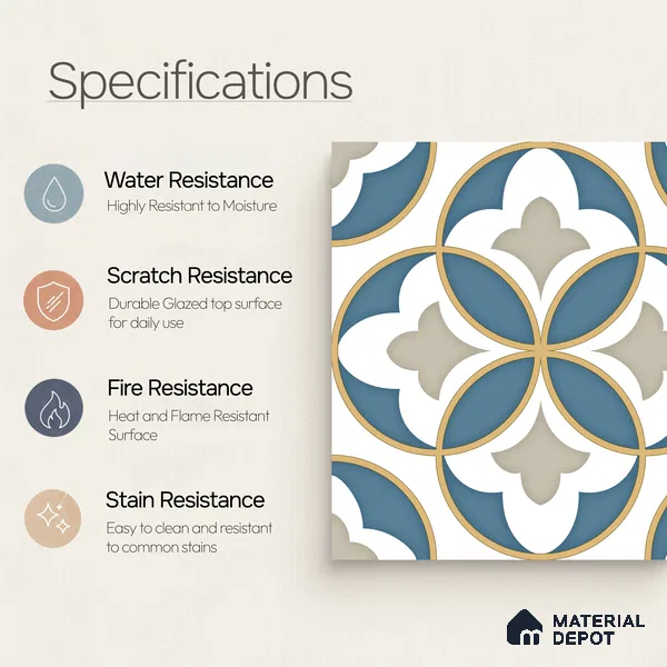 Moroccan Wall & Floor Tile TL 11125 Azure Fleur 1 ft x 1 ft Ceramic Matte Finish Tile - 10 mm | Suitable For Kitchen, Bathroom, Balcony