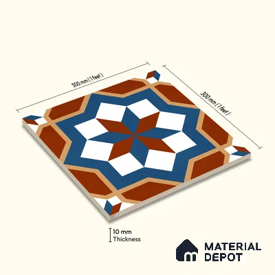 Moroccan Wall & Floor Tile TL 11126 Rustic Starburst 1 ft x 1 ft Ceramic Matte Finish Tile - 10 mm | Suitable For Kitchen, Bathroom, Balcony