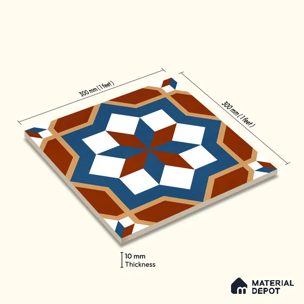 Moroccan Wall & Floor Tile TL 11126 Rustic Starburst 1 ft x 1 ft Ceramic Matte Finish Tile - 10 mm | Suitable For Kitchen, Bathroom, Balcony