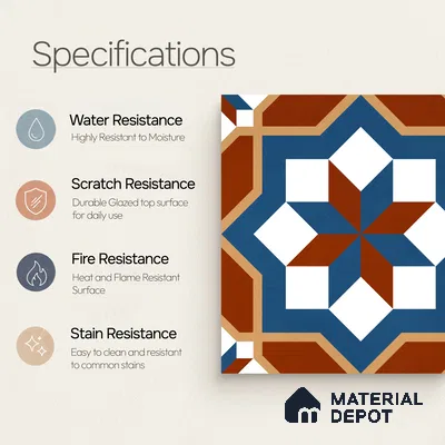Moroccan Wall & Floor Tile TL 11126 Rustic Starburst 1 ft x 1 ft Ceramic Matte Finish Tile - 10 mm | Suitable For Kitchen, Bathroom, Balcony