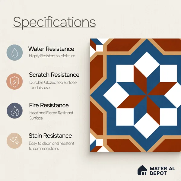 Moroccan Wall & Floor Tile TL 11126 Rustic Starburst 1 ft x 1 ft Ceramic Matte Finish Tile - 10 mm | Suitable For Kitchen, Bathroom, Balcony