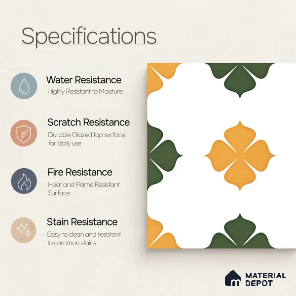 Moroccan Wall & Floor Tile TL 11127 Clover Marigold 1 ft x 1 ft Ceramic Matte Finish Tile - 10 mm | Suitable For Kitchen, Bathroom, Balcony