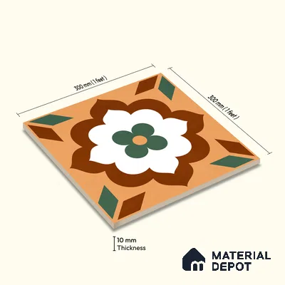 Moroccan Wall & Floor Tile TL 11128 Verdant Blossom 1 ft x 1 ft Ceramic Matte Finish Tile - 10 mm | Suitable For Kitchen, Bathroom, Balcony