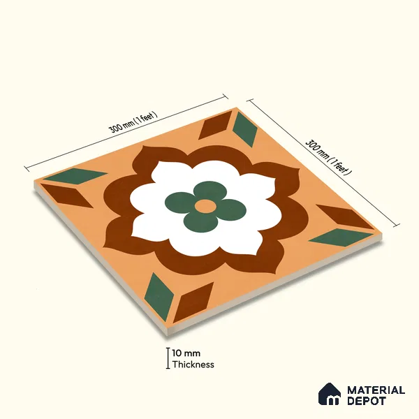 Moroccan Wall & Floor Tile TL 11128 Verdant Blossom 1 ft x 1 ft Ceramic Matte Finish Tile - 10 mm | Suitable For Kitchen, Bathroom, Balcony