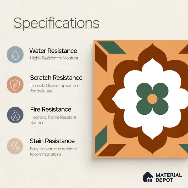 Moroccan Wall & Floor Tile TL 11128 Verdant Blossom 1 ft x 1 ft Ceramic Matte Finish Tile - 10 mm | Suitable For Kitchen, Bathroom, Balcony