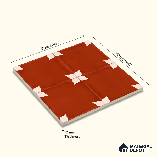 Moroccan Wall & Floor Athangudi Highlighter Tile TL 11129 Terracotta Petal 1 ft x 1 ft Ceramic Matte Finish Tile - 10 mm | Suitable For Kitchen, Bathroom, Balcony