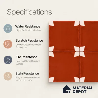 Moroccan Wall & Floor Athangudi Highlighter Tile TL 11129 Terracotta Petal 1 ft x 1 ft Ceramic Matte Finish Tile - 10 mm | Suitable For Kitchen, Bathroom, Balcony