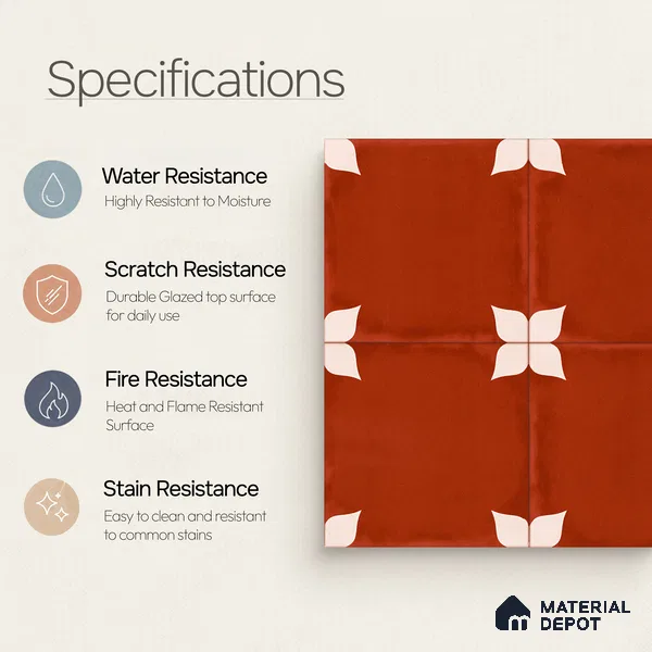 Moroccan Wall & Floor Athangudi Highlighter Tile TL 11129 Terracotta Petal 1 ft x 1 ft Ceramic Matte Finish Tile - 10 mm | Suitable For Kitchen, Bathroom, Balcony