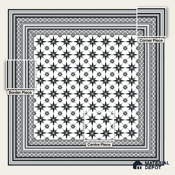 Moroccan Monochrome Wall & Floor Tile TL 11140 Stellar Noir 1 ft x 1 ft Ceramic Matte Finish Tile - 10 mm | Suitable For Kitchen, Bathroom, Balcony