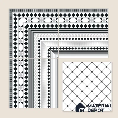 Moroccan Wall & Floor Carpet Border Tile TL 11143 Monochrome Rhythm 1 ft x 1 ft Ceramic Matte Finish Tile - 10 mm | Suitable For Living Room, Kitchen, Dining Area