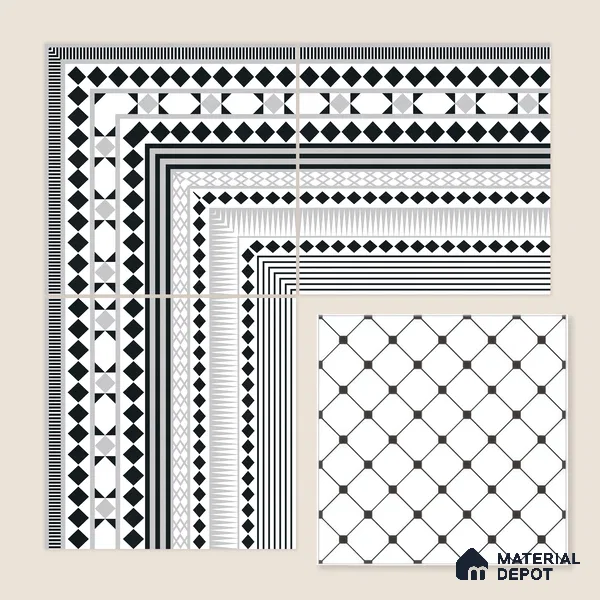 Moroccan Wall & Floor Carpet Border Tile TL 11143 Monochrome Rhythm 1 ft x 1 ft Ceramic Matte Finish Tile - 10 mm | Suitable For Living Room, Kitchen, Dining Area