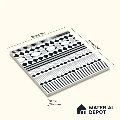 Moroccan Wall & Floor Carpet Border Tile TL 11143 Monochrome Rhythm 1 ft x 1 ft Ceramic Matte Finish Tile - 10 mm | Suitable For Living Room, Kitchen, Dining Area
