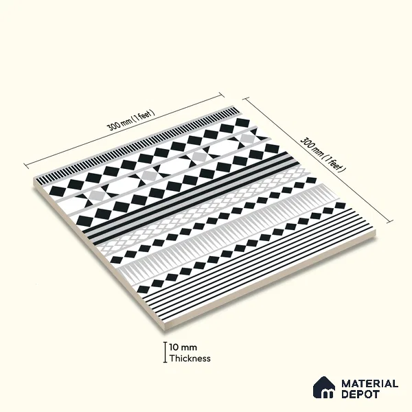 Moroccan Wall & Floor Carpet Border Tile TL 11143 Monochrome Rhythm 1 ft x 1 ft Ceramic Matte Finish Tile - 10 mm | Suitable For Living Room, Kitchen, Dining Area