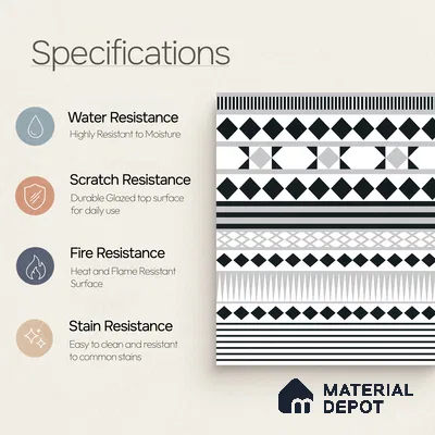 Moroccan Wall & Floor Carpet Border Tile TL 11143 Monochrome Rhythm 1 ft x 1 ft Ceramic Matte Finish Tile - 10 mm | Suitable For Living Room, Kitchen, Dining Area