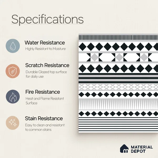 Moroccan Wall & Floor Carpet Border Tile TL 11143 Monochrome Rhythm 1 ft x 1 ft Ceramic Matte Finish Tile - 10 mm | Suitable For Living Room, Kitchen, Dining Area