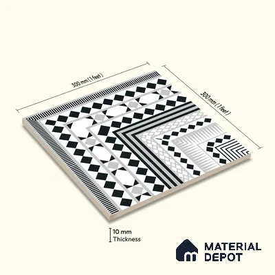Moroccan Wall & Floor Carpet Corner Tile TL 11144 Monochrome Paragon 1 ft x 1 ft Ceramic Matte Finish Tile - 10 mm | Suitable For Living Room, Kitchen, Dining Area