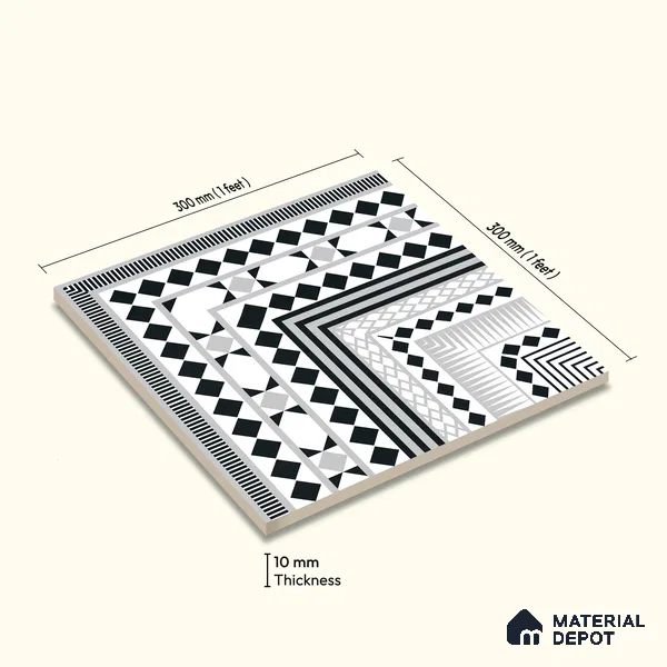 Moroccan Wall & Floor Carpet Corner Tile TL 11144 Monochrome Paragon 1 ft x 1 ft Ceramic Matte Finish Tile - 10 mm | Suitable For Living Room, Kitchen, Dining Area