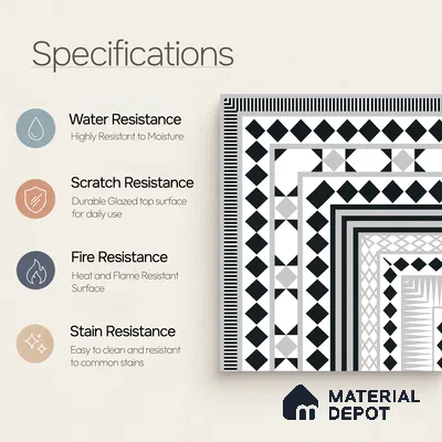 Moroccan Wall & Floor Carpet Corner Tile TL 11144 Monochrome Paragon 1 ft x 1 ft Ceramic Matte Finish Tile - 10 mm | Suitable For Living Room, Kitchen, Dining Area