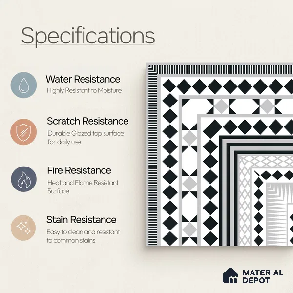 Moroccan Wall & Floor Carpet Corner Tile TL 11144 Monochrome Paragon 1 ft x 1 ft Ceramic Matte Finish Tile - 10 mm | Suitable For Living Room, Kitchen, Dining Area
