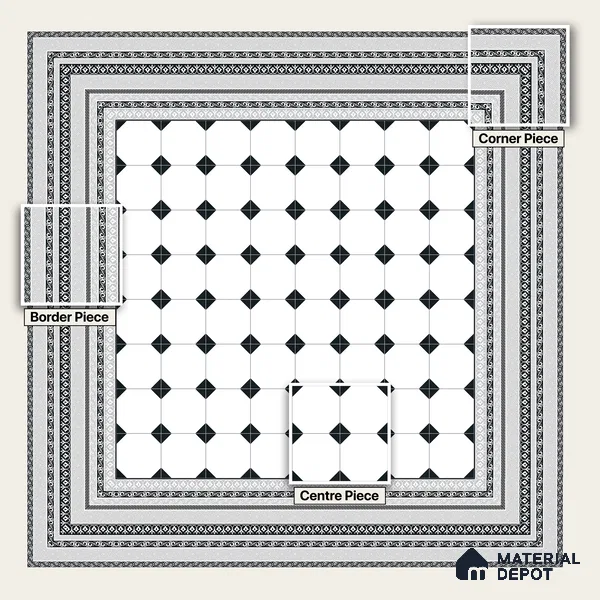 Moroccan Monochrome Wall & Floor Carpet Border Tile TL 11145 Aegean Border 1 ft x 1 ft Ceramic Matte Finish Tile - 10 mm | Suitable For Living Room, Kitchen, Dining Area