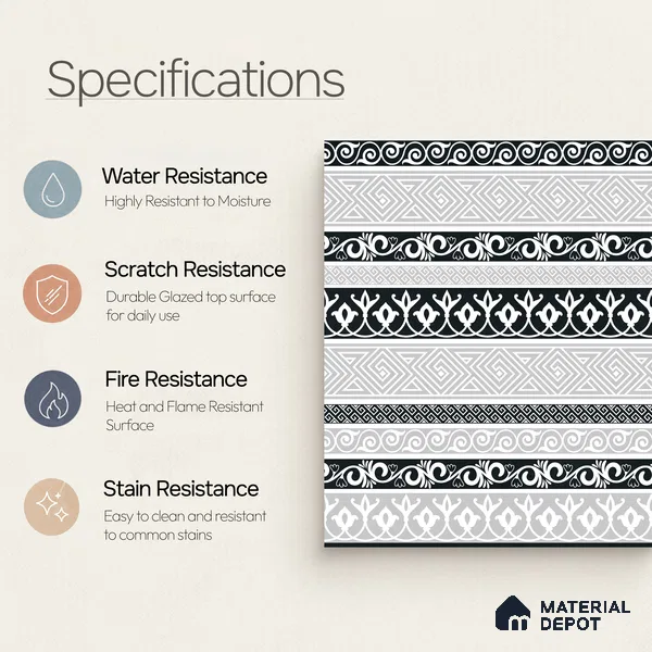 Moroccan Monochrome Wall & Floor Carpet Border Tile TL 11145 Aegean Border 1 ft x 1 ft Ceramic Matte Finish Tile - 10 mm | Suitable For Living Room, Kitchen, Dining Area