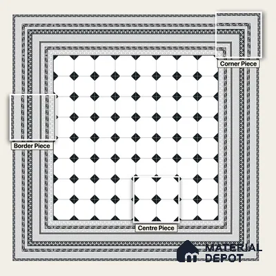 Moroccan Monochrome Wall & Floor Carpet Corner Tile TL 11146 Athenian Border 1 ft x 1 ft Ceramic Matte Finish Tile - 10 mm | Suitable For Living Room, Kitchen, Dining Area
