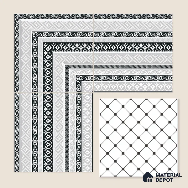 Moroccan Monochrome Wall & Floor Carpet Corner Tile TL 11146 Athenian Border 1 ft x 1 ft Ceramic Matte Finish Tile - 10 mm | Suitable For Living Room, Kitchen, Dining Area