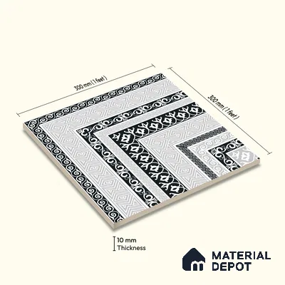 Moroccan Monochrome Wall & Floor Carpet Corner Tile TL 11146 Athenian Border 1 ft x 1 ft Ceramic Matte Finish Tile - 10 mm | Suitable For Living Room, Kitchen, Dining Area