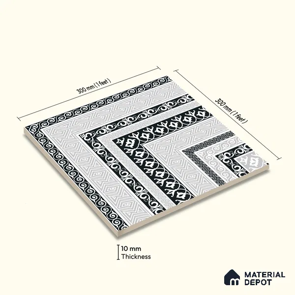 Moroccan Monochrome Wall & Floor Carpet Corner Tile TL 11146 Athenian Border 1 ft x 1 ft Ceramic Matte Finish Tile - 10 mm | Suitable For Living Room, Kitchen, Dining Area