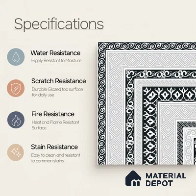 Moroccan Monochrome Wall & Floor Carpet Corner Tile TL 11146 Athenian Border 1 ft x 1 ft Ceramic Matte Finish Tile - 10 mm | Suitable For Living Room, Kitchen, Dining Area