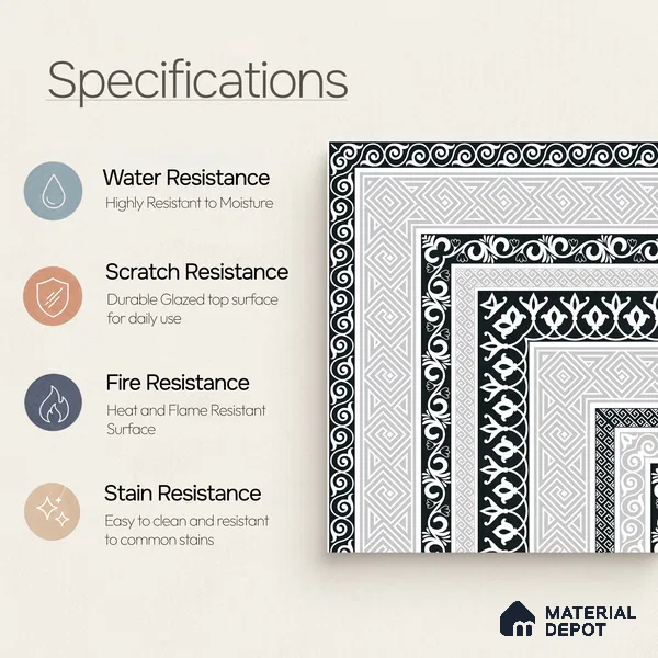 Moroccan Monochrome Wall & Floor Carpet Corner Tile TL 11146 Athenian Border 1 ft x 1 ft Ceramic Matte Finish Tile - 10 mm | Suitable For Living Room, Kitchen, Dining Area