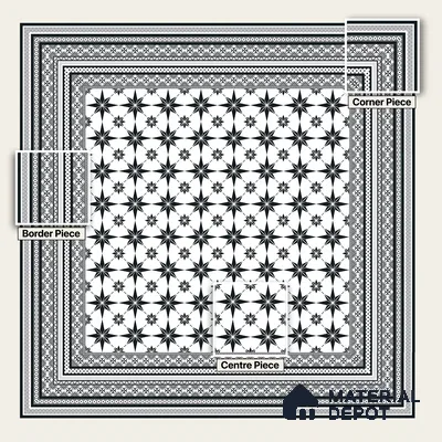 Moroccan Monochrome Wall & Floor Carpet Border Tile TL 11147 Noir Lace Border 1 ft x 1 ft Ceramic Matte Finish Tile - 10 mm | Suitable For Living Room, Kitchen, Dining Area