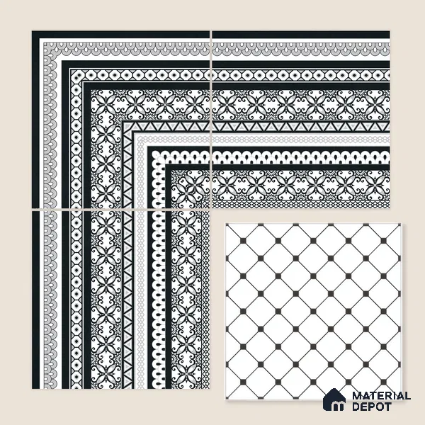 Moroccan Monochrome Wall & Floor Carpet Border Tile TL 11147 Noir Lace Border 1 ft x 1 ft Ceramic Matte Finish Tile - 10 mm | Suitable For Living Room, Kitchen, Dining Area
