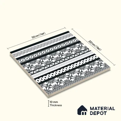 Moroccan Monochrome Wall & Floor Carpet Border Tile TL 11147 Noir Lace Border 1 ft x 1 ft Ceramic Matte Finish Tile - 10 mm | Suitable For Living Room, Kitchen, Dining Area