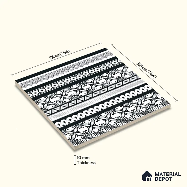 Moroccan Monochrome Wall & Floor Carpet Border Tile TL 11147 Noir Lace Border 1 ft x 1 ft Ceramic Matte Finish Tile - 10 mm | Suitable For Living Room, Kitchen, Dining Area