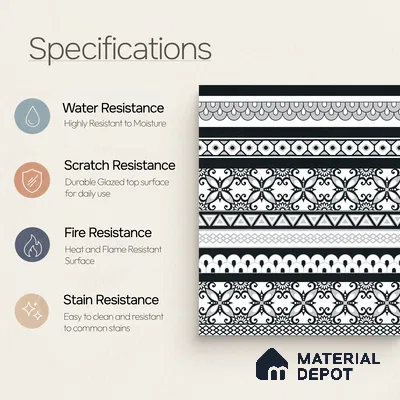 Moroccan Monochrome Wall & Floor Carpet Border Tile TL 11147 Noir Lace Border 1 ft x 1 ft Ceramic Matte Finish Tile - 10 mm | Suitable For Living Room, Kitchen, Dining Area