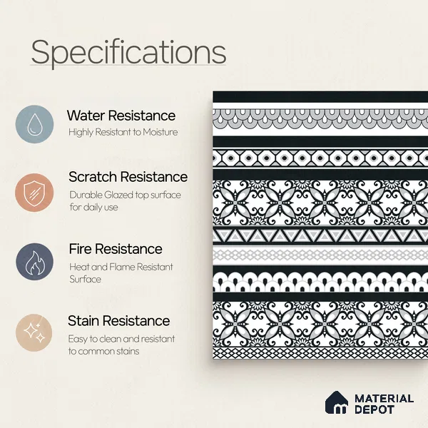 Moroccan Monochrome Wall & Floor Carpet Border Tile TL 11147 Noir Lace Border 1 ft x 1 ft Ceramic Matte Finish Tile - 10 mm | Suitable For Living Room, Kitchen, Dining Area