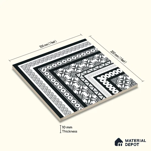 Moroccan Wall & Floor Carpet Corner Tile TL 11148 Monochrome Arabesque 1 ft x 1 ft Ceramic Matte Finish Tile - 10 mm | Suitable For Living Room, Kitchen, Dining Area