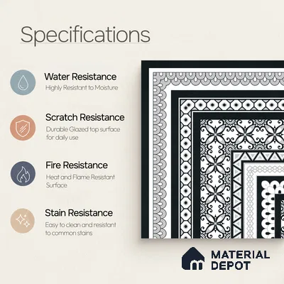 Moroccan Wall & Floor Carpet Corner Tile TL 11148 Monochrome Arabesque 1 ft x 1 ft Ceramic Matte Finish Tile - 10 mm | Suitable For Living Room, Kitchen, Dining Area