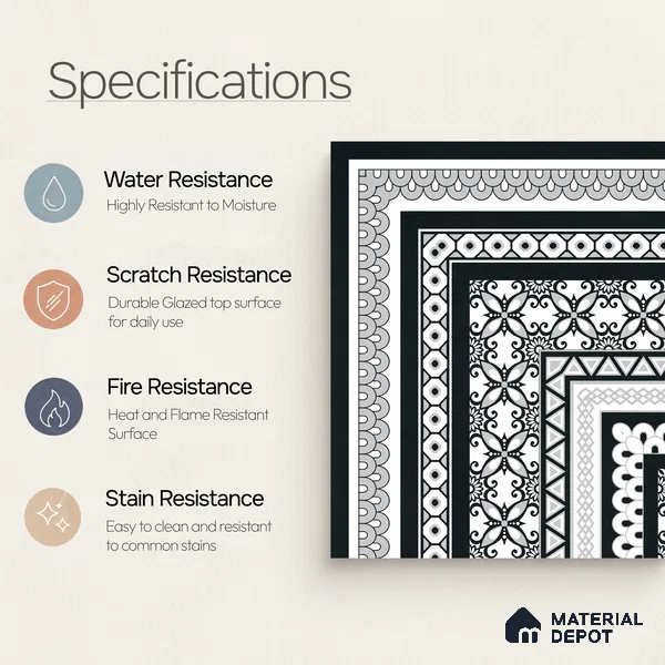 Moroccan Wall & Floor Carpet Corner Tile TL 11148 Monochrome Arabesque 1 ft x 1 ft Ceramic Matte Finish Tile - 10 mm | Suitable For Living Room, Kitchen, Dining Area
