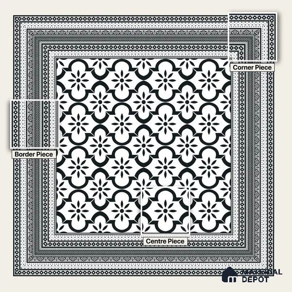Moroccan Wall & Floor Carpet Border Tile TL 11149 Monochrome Tapestry 1 ft x 1 ft Ceramic Matte Finish Tile - 10 mm | Suitable For Living Room, Kitchen, Dining Area