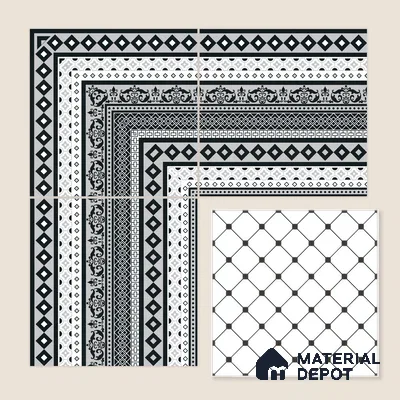 Moroccan Wall & Floor Carpet Border Tile TL 11149 Monochrome Tapestry 1 ft x 1 ft Ceramic Matte Finish Tile - 10 mm | Suitable For Living Room, Kitchen, Dining Area