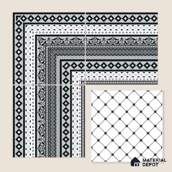 Moroccan Wall & Floor Carpet Border Tile TL 11149 Monochrome Tapestry 1 ft x 1 ft Ceramic Matte Finish Tile - 10 mm | Suitable For Living Room, Kitchen, Dining Area