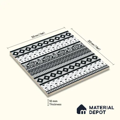 Moroccan Wall & Floor Carpet Border Tile TL 11149 Monochrome Tapestry 1 ft x 1 ft Ceramic Matte Finish Tile - 10 mm | Suitable For Living Room, Kitchen, Dining Area