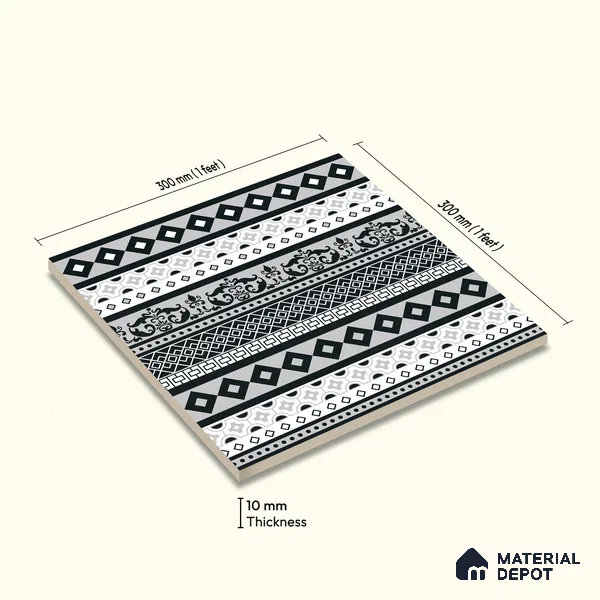 Moroccan Wall & Floor Carpet Border Tile TL 11149 Monochrome Tapestry 1 ft x 1 ft Ceramic Matte Finish Tile - 10 mm | Suitable For Living Room, Kitchen, Dining Area