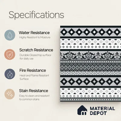 Moroccan Wall & Floor Carpet Border Tile TL 11149 Monochrome Tapestry 1 ft x 1 ft Ceramic Matte Finish Tile - 10 mm | Suitable For Living Room, Kitchen, Dining Area